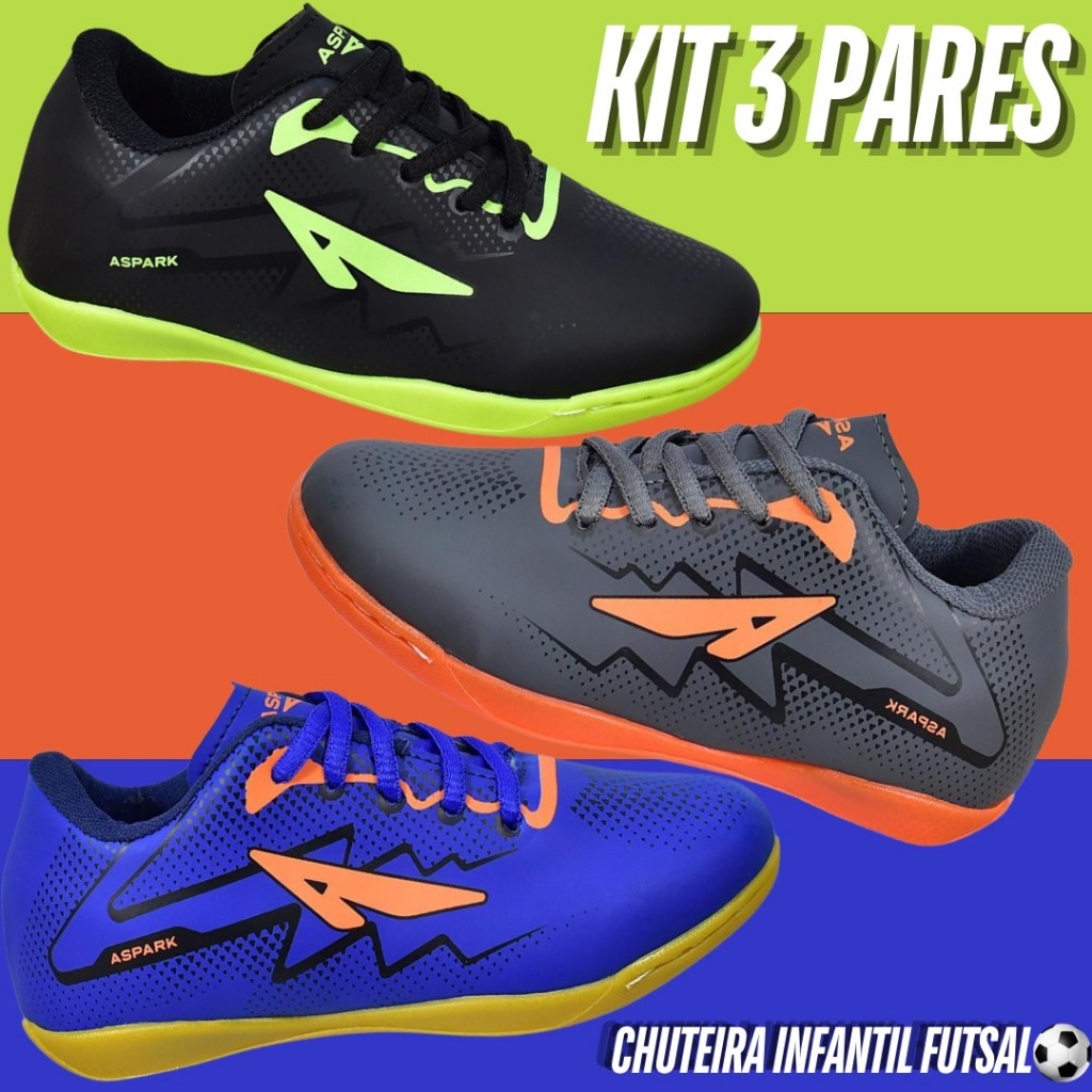 Kit 3 Pares Chuteira Tênis Futsal Infantil Masculino Quadra Salão Costurada Criança Juvenil 26 Ao 33 em Oferta na Shopee