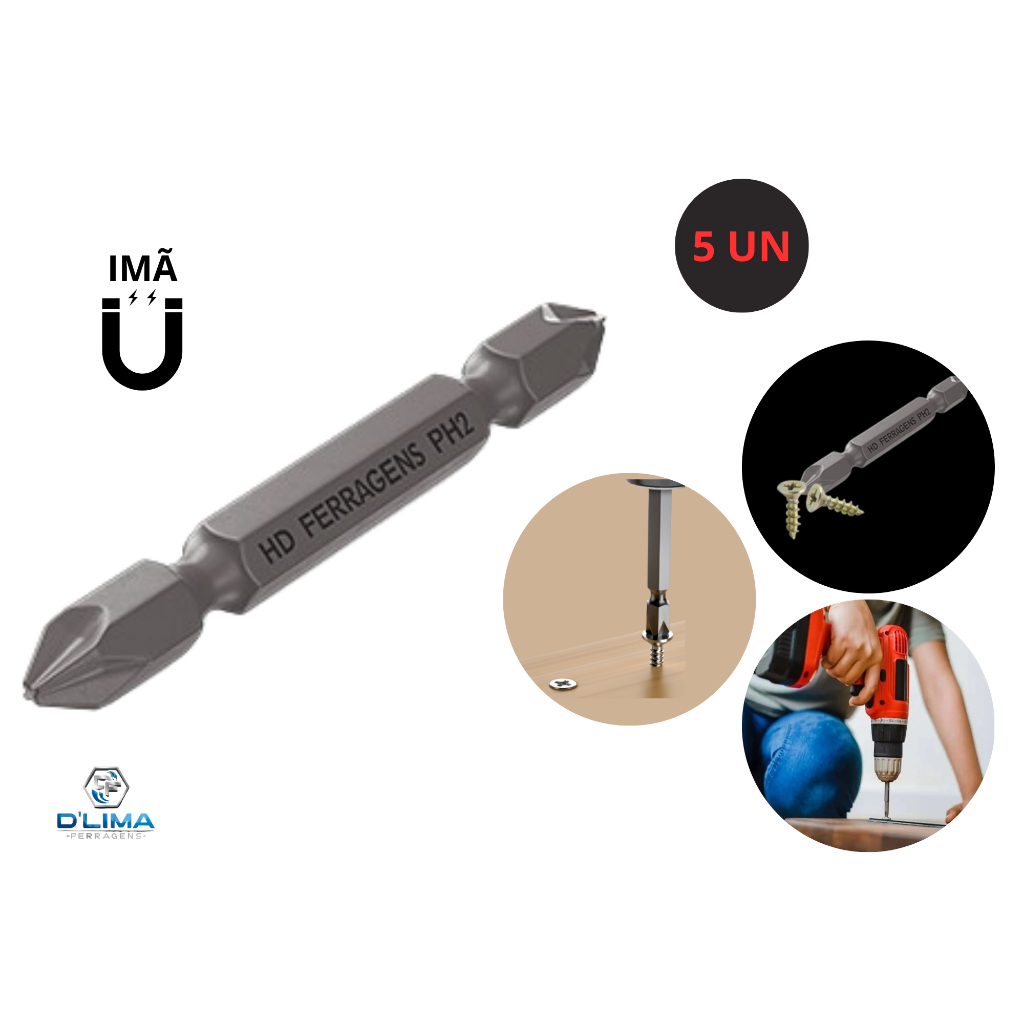 Kit 5 Ponteira Bits PH2 65mm Dupla Imantada para Parafusadeira Philips com Imã obra