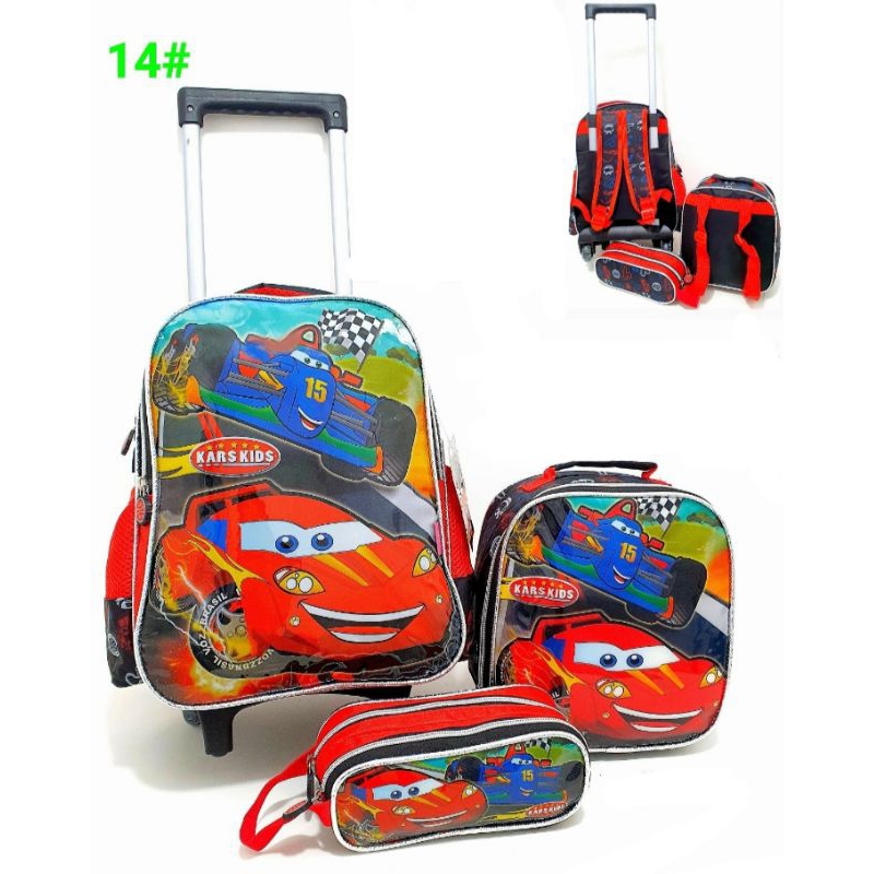 KIT Mochila De Rodinha Escolar Reforçada Mínino Tamanho Média Carro Lancheira + Estojo 4153