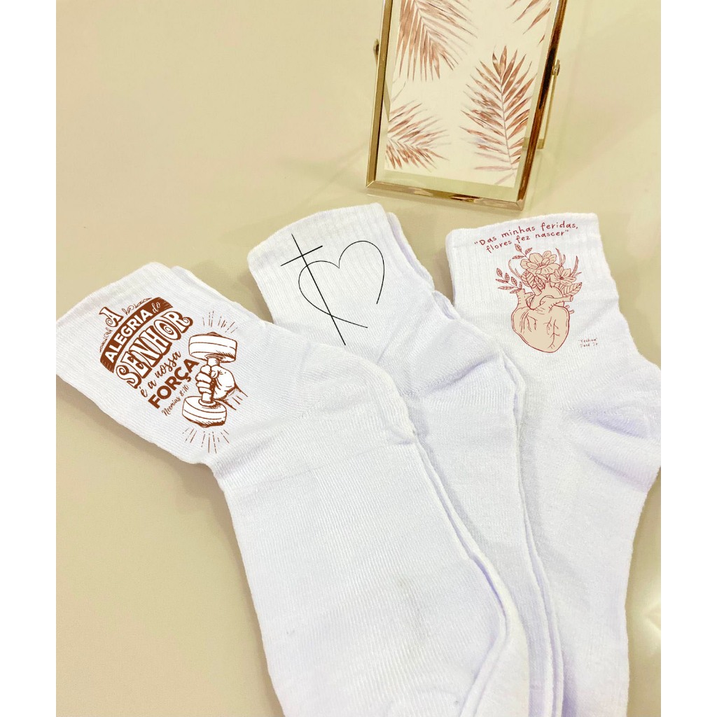 Meia Frases Cristã Personalizada Kit 03 Pares de Meias