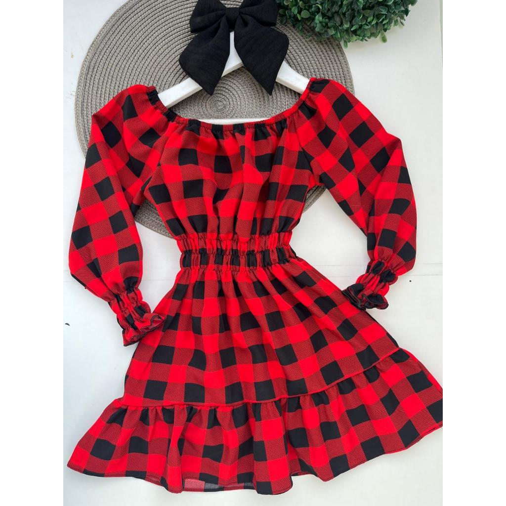 Vestido Infantil Manga Longa  Premium Menina Xadrez Festa Junina