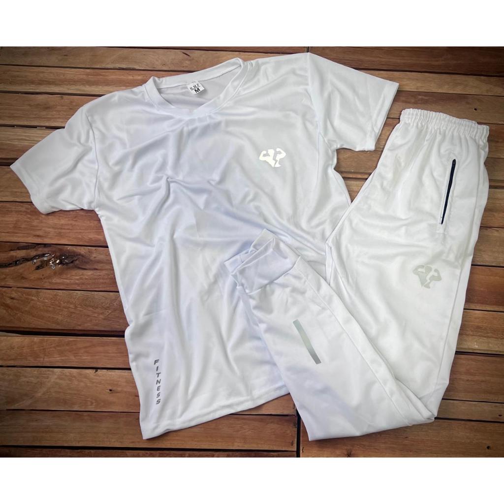 Kit Camisa Branca Dry Fit + Calça Jogger Cordão Ajustável em Oferta na Shopee