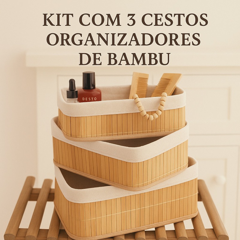 Kit Cestos Organizador de Bambu Lavanderia com Forro - Premium