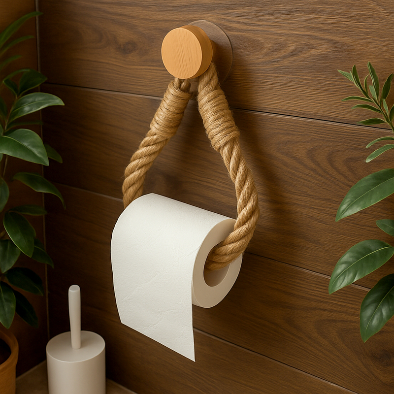 Porta Papel Higiênico e Toalha Corda Gancho Madeira