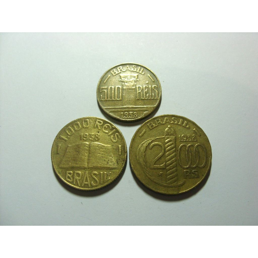 Lote 3 Moedas 500, 1000 e 2000 Réis 1938, Feijó, Anchieta e Caxias, Bronze-Aluminio, Autenticas.