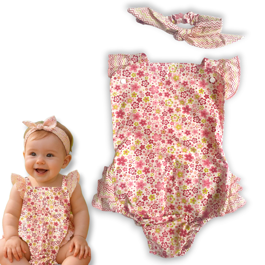 Romper Bebê Menina Body Bunda Rica Floral e Faixa de cabelo Jardineira Mêsversario Jardim Encantado