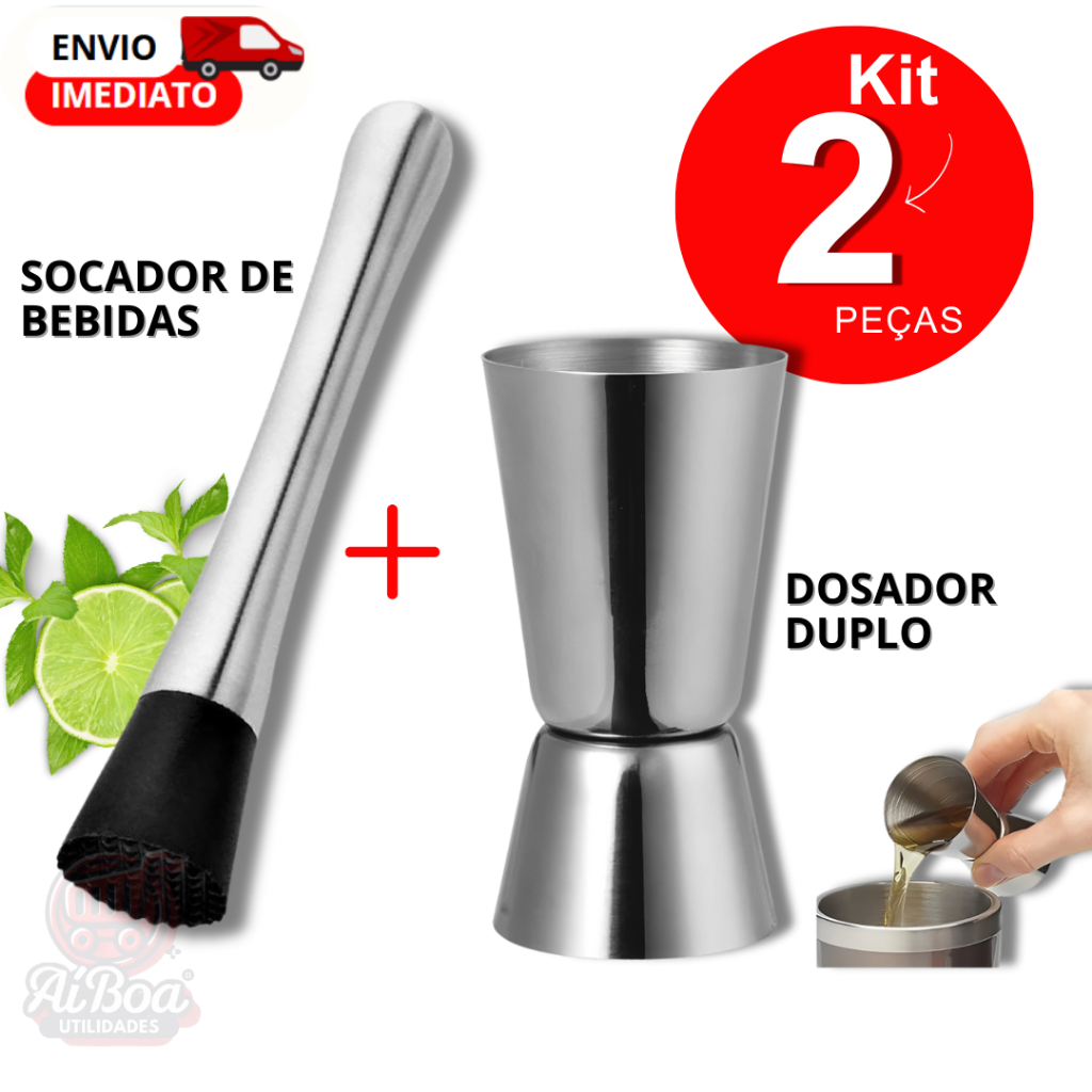 Kits Drinks Inox | Dosador Duplo 25/50ml Socador Profissional 21cm
