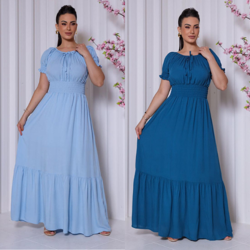 Kit 2 Vestidos Longo Evangélico Elastex Manga Ombro a Ombro Saia Babado em Oferta na Shopee