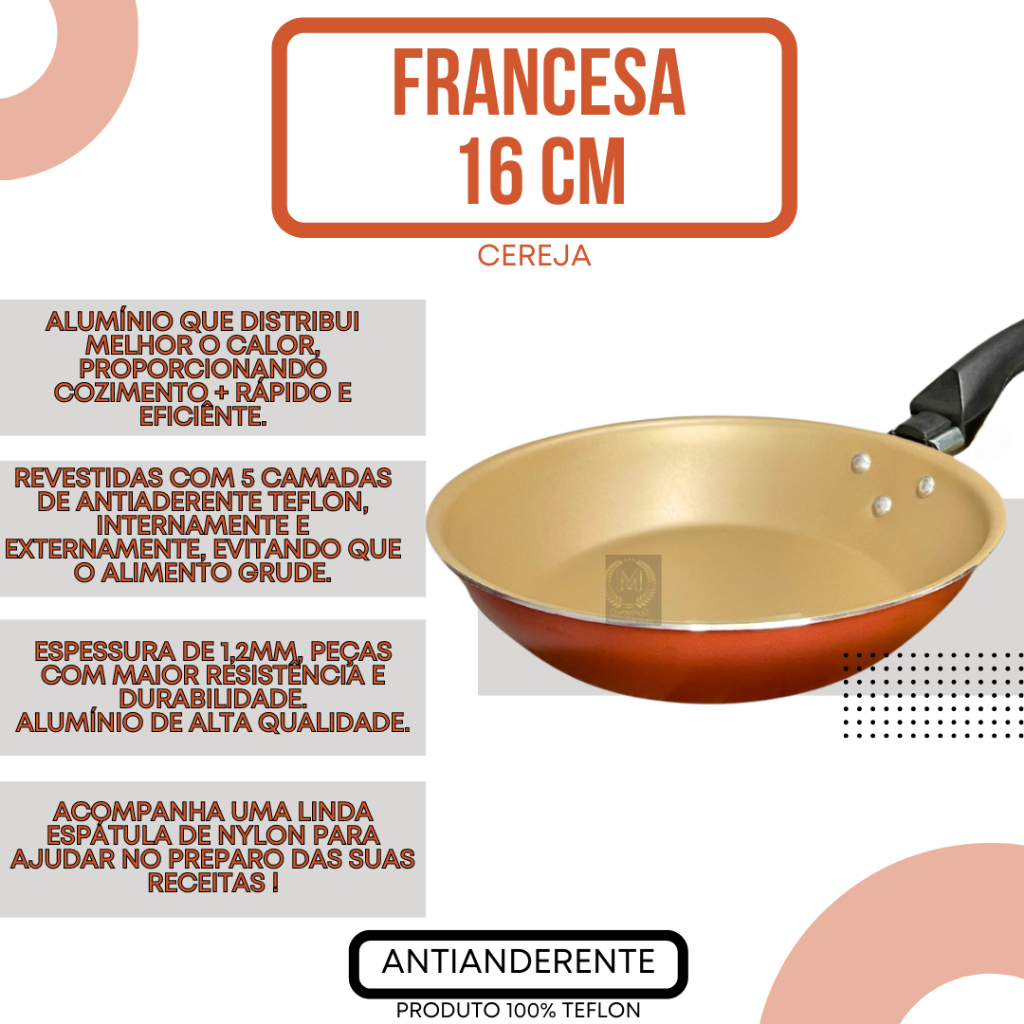 Frigideira Francesa 16 cm Antiaderente Teflon com Espátula Cor Cereja Gold