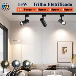 Kit de 1M e 2M Trilho Eletrificado Spot LED 15W Preto Bivolt Luz (Frio/Neutro/Quente) Economico
