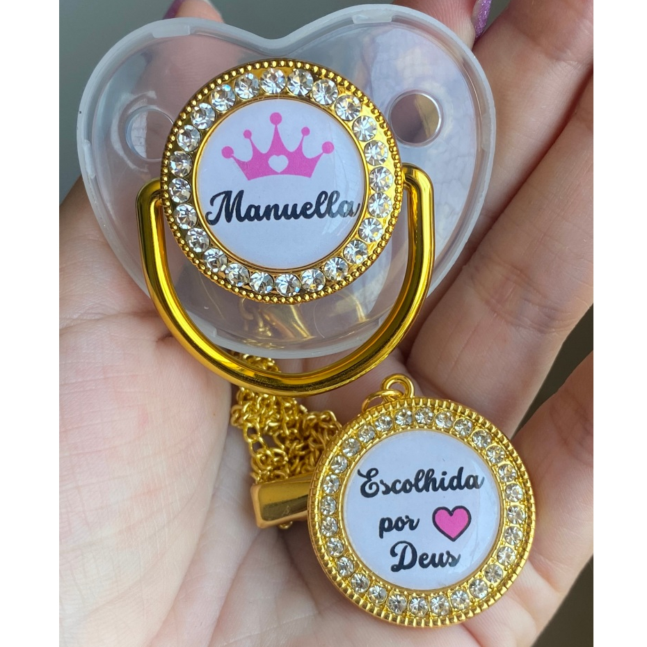 Kit chupeta + prendedor personalizado com nome de meninas e meninos recém-nascido de 0-24 meses