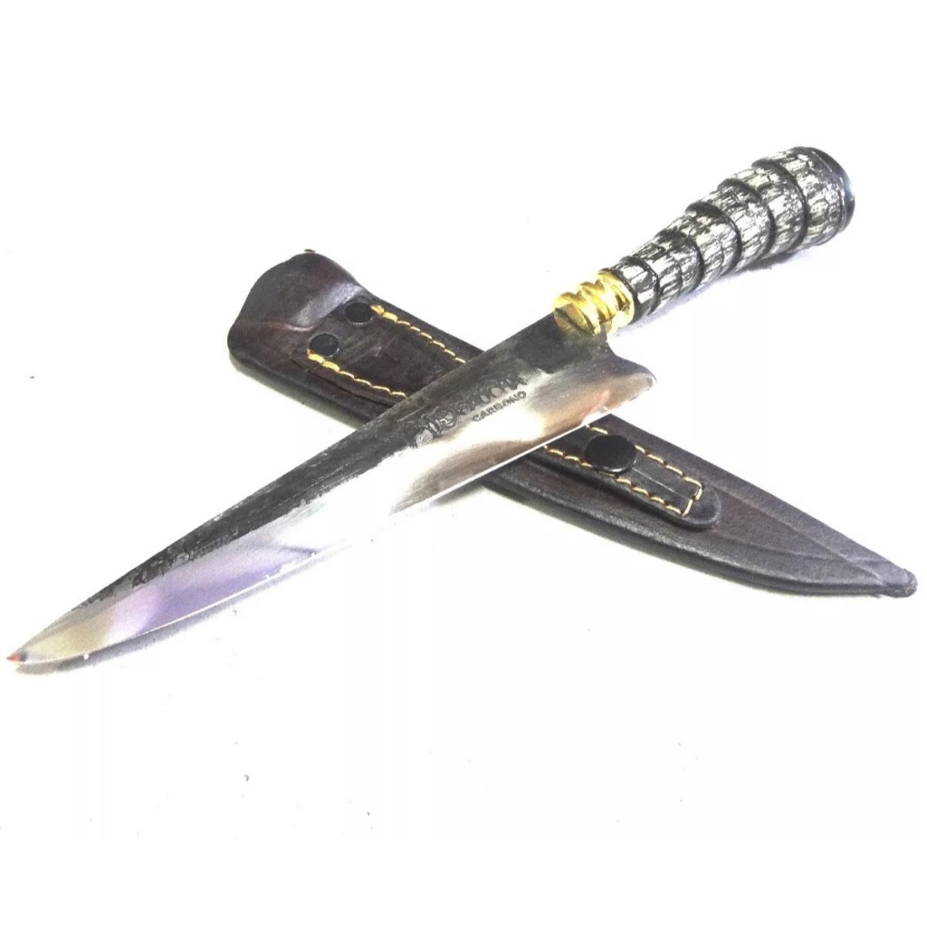 Faca Tipo Tesoura Tosquia 7" aço Carbono Cabo Tatu Com Bainha Couro