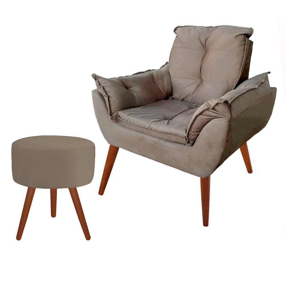 Poltrona Decorativa Suede Capuccino + Puff Puf Capuccino Para Recepção e Escritório