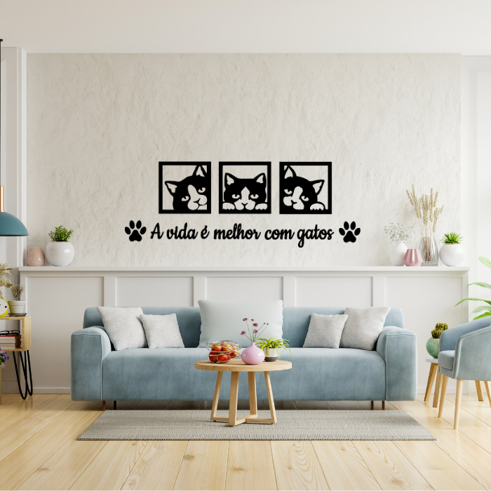 Kit 3 Quadros Decorativos + Frase A Vida é Melhor Com Gatos Frase de Parede Quarto Ou Sala