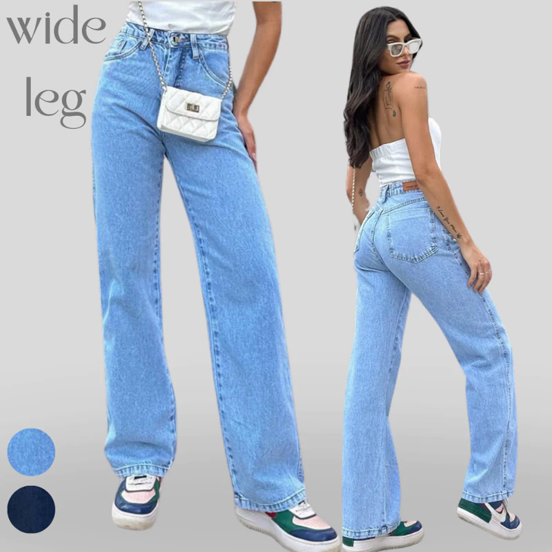 Calça wide leg jeans básica feminina cintura alta tecido 100% algodão look casual para o dia dia