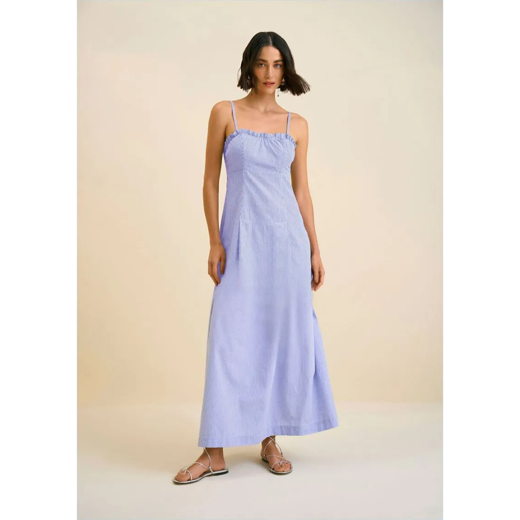 Vestido Morena Rosa Sólto Decote V Com Alça Curto Azul