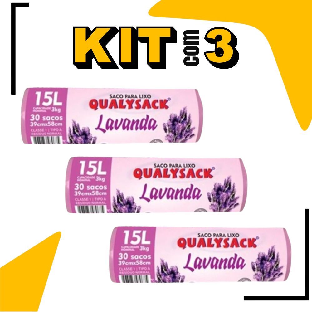 Kit 3 Saco de Lixo Perfumado 90un Lavanda 15l Anti Odores e Insetos Cheiroso 3 Rolos 30un