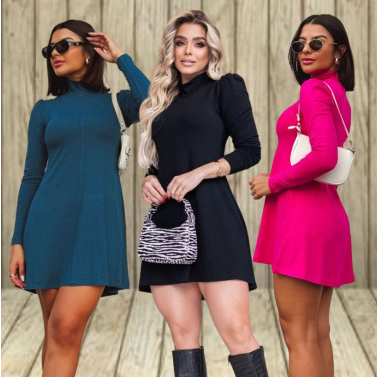 Vestido Manga longa Gola Alta Liso Blogueirinha em Oferta na Shopee