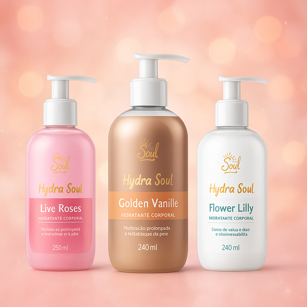 Kit 3 Hidratante Corporal - Babasoul Soul Cosméticos 240ml – Fragrâncias FLOWER LILLY, LIVE ROSE, GOLDEN VANILLE