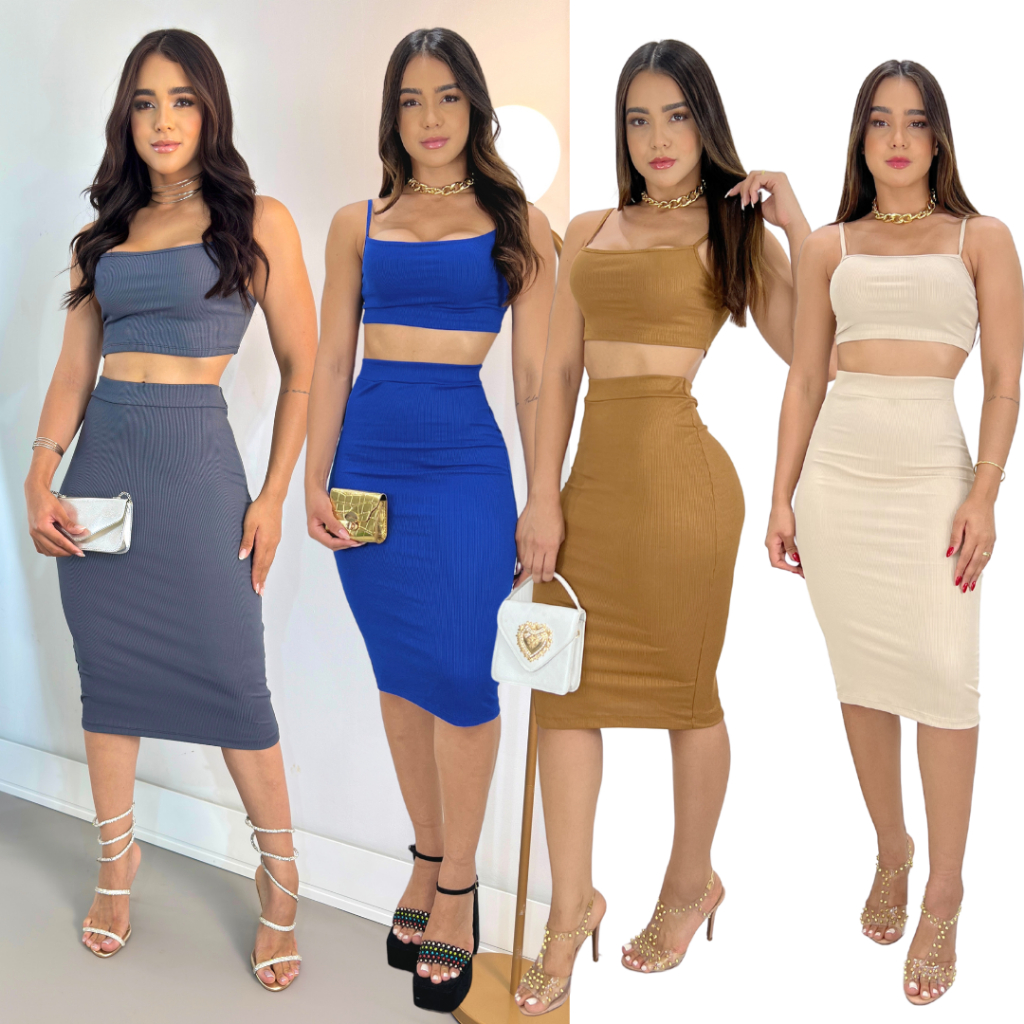 Conjunto Feminino Saia Longa Cropped alcinha  Aerolook Primavera verão  tendência 2025