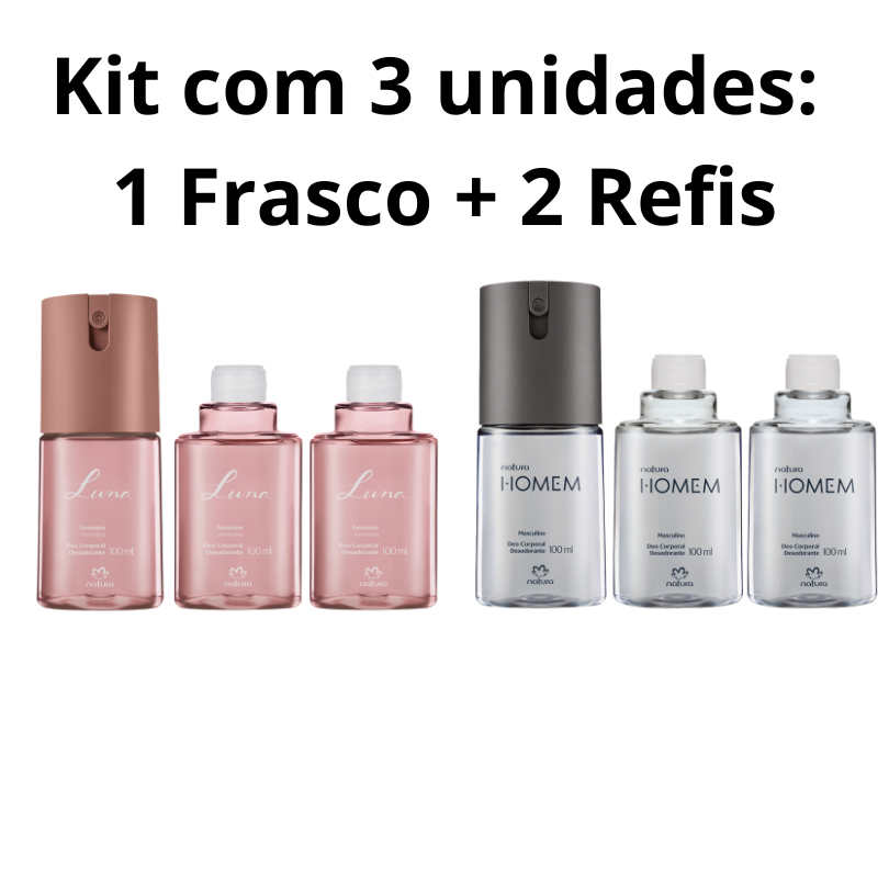 Kit com 3 unidades - Desodorante Spray Deo Corporal Natura Masc. e Fem. -  1 Frasco e 2 Refis 100ml