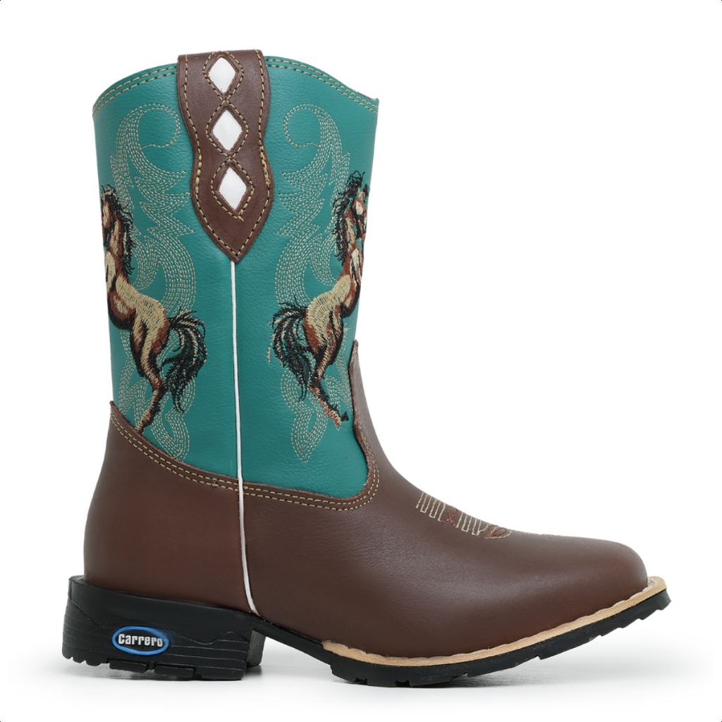 Bota Texana Infantil Masculina Bordada Cavalos Sola de Borracha Bico Quadrado