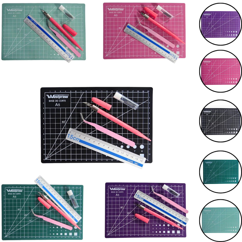 Kit Profissional Base Placa A5 22x15 C/ Corte Régua Estilete Precisão Pinça Patchwork Artesanato
