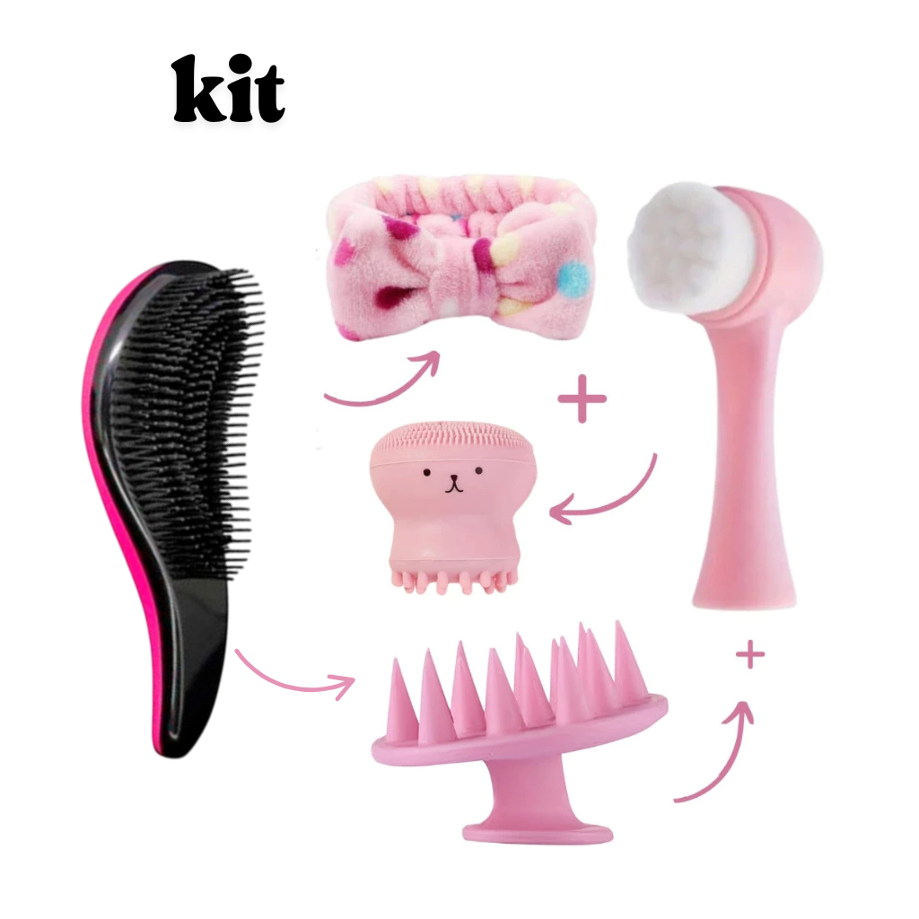 Escova Mágica para Cabelos e Massageadora,  Escova Facial Esponja Polvo e Faixa de Make, Kit