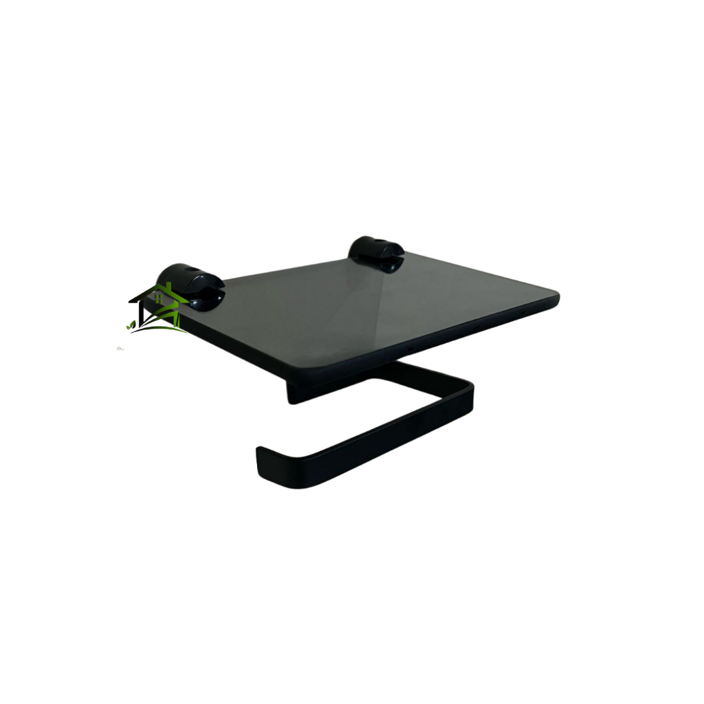 Papeleira Quadrada Black Porta Papel Higiênico Com Prateleira Vidro Para Celular Decoração Banheiro