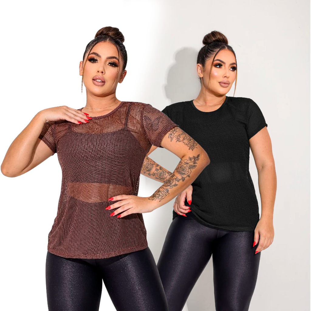 Blusa Feminina de tela  tule Academia Blusinha Verão Moda Fitness Transparente Blusa camisão fitness