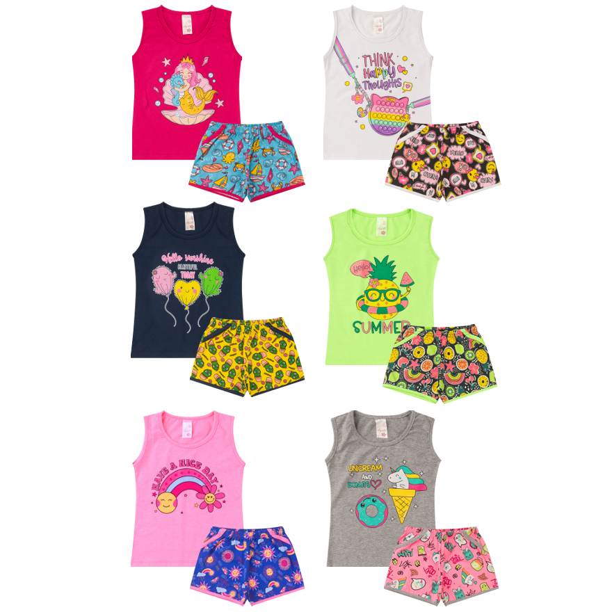 Conjunto Fem de Cotton Regata Estampada Short Estampado Bolso Falso 1 a 8 anos (Unid. ou Kit com 5) Estampas Sortidas180