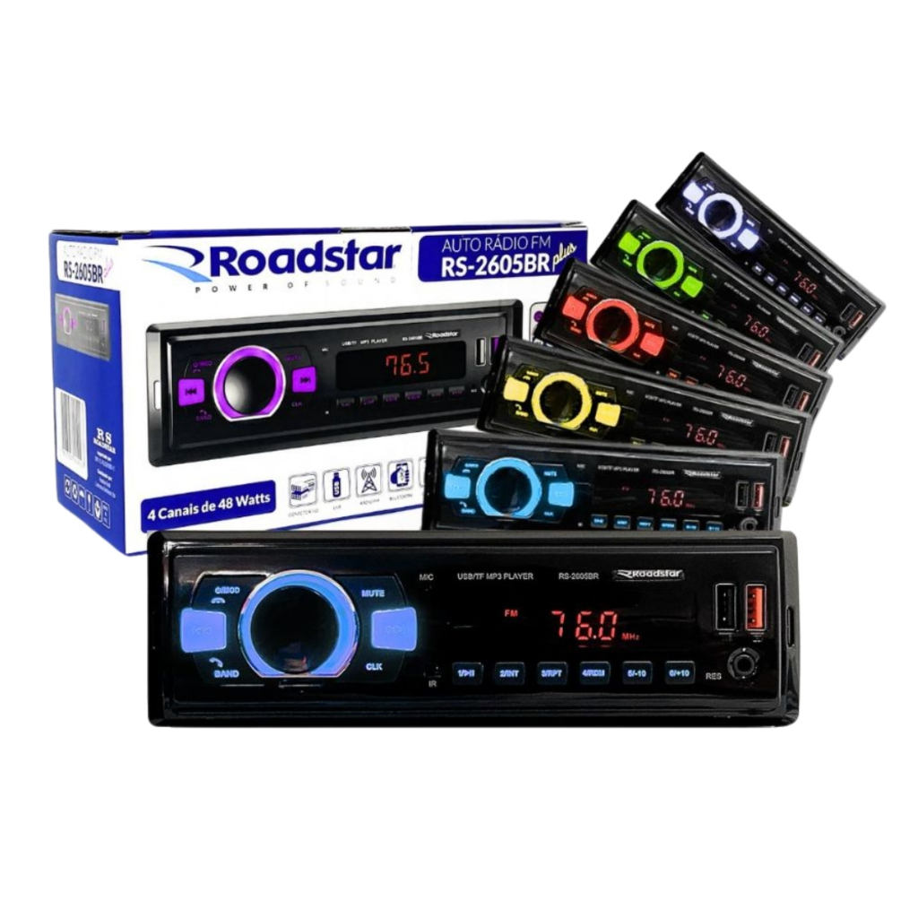 Rádio Mp3 Roadstar RS-2605BR Bluetooth 2 Usb Controle Painel 7 Cores 4x48W RMS em Oferta na Shopee