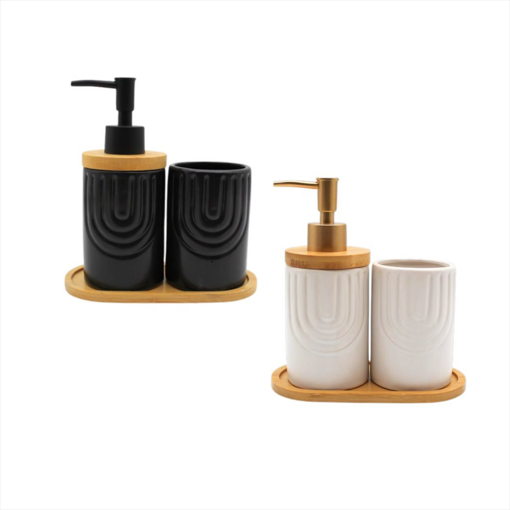 Jogo Banheiro Kit Lavabo Porcelana Sabonete Porta Escova Dentes Bandeja Bambu Acabamento C...