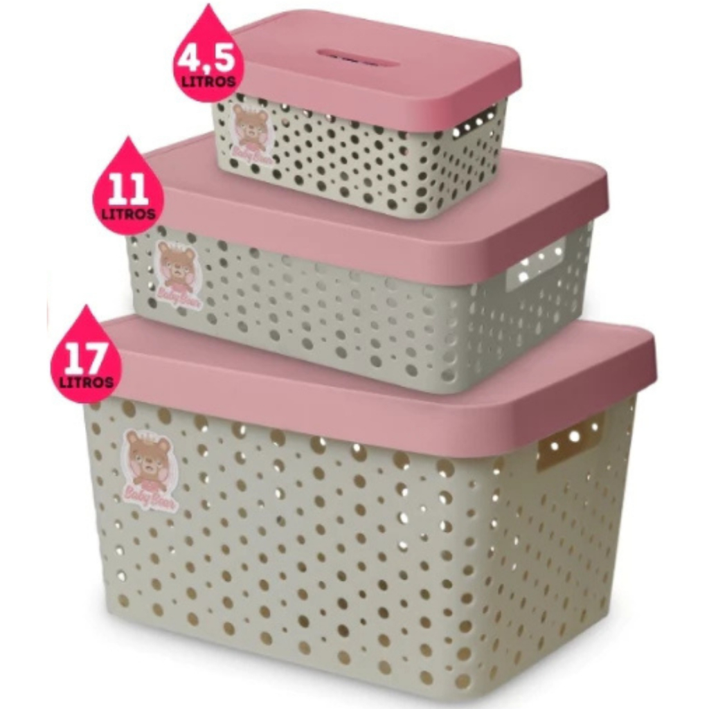 Kit 3 Caixas Organizadoras Linha Baby Menina 4,5L 11L e 17L Para Bebês - Usual Utilidades