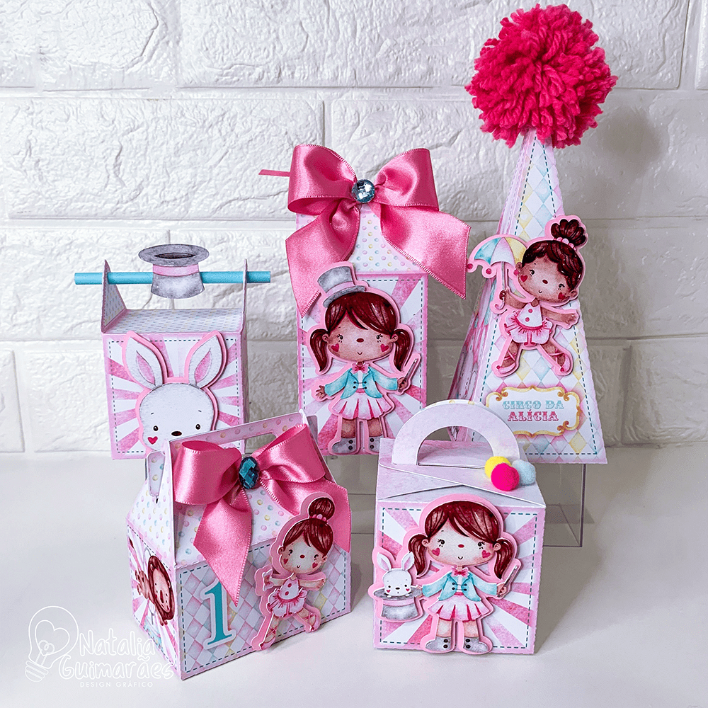 Kit Papelaria Personalizada Circo Rosa para Festa Infantil Menina / Kit Caixas Personalizadas