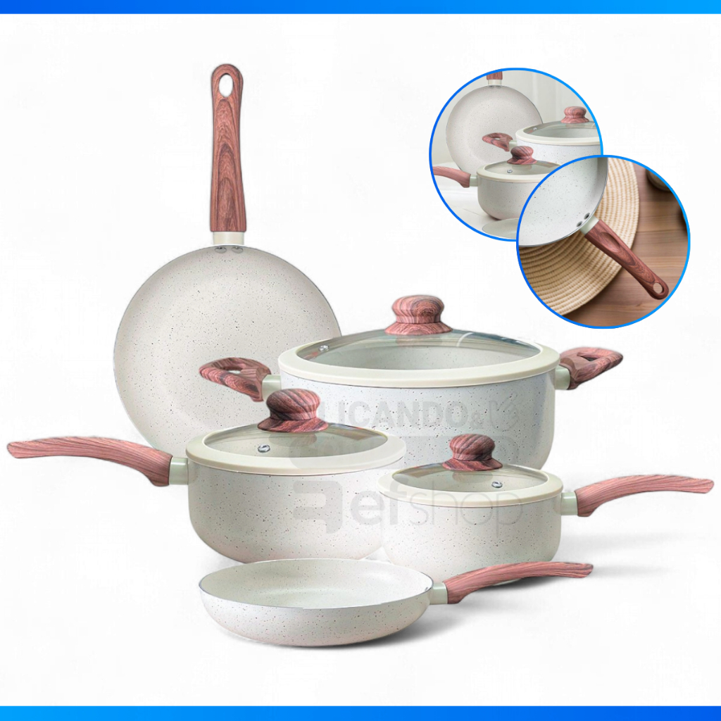 Conjunto de Panelas Yafo Revestimento Cerâmico 5 peças Granito Creme Jogo de Panela