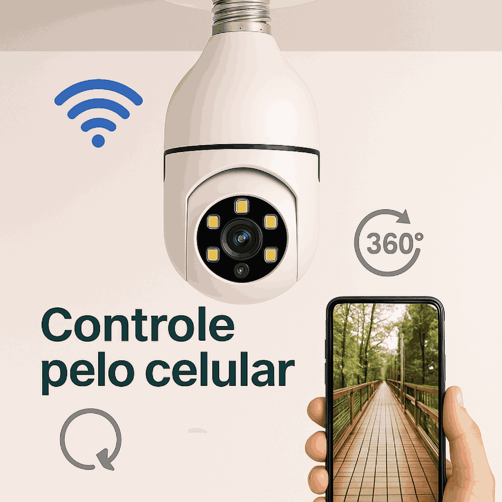 Câmera Lâmpada Wi-Fi 360° Panorâmica com Visão Noturna e Controle Celular – Instalação Rosqueável - detalhe