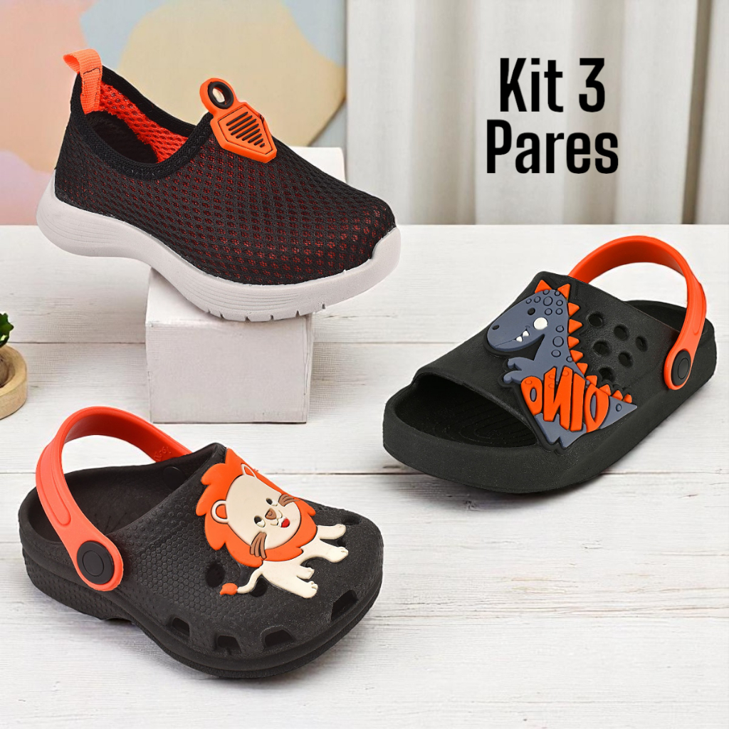 Kit 3 Pares Sandália Infantil Menino Confortável e Tênis Escolar masculino