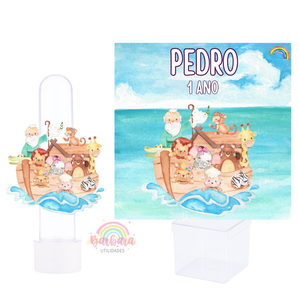 Kit 20 Tubetes + 15 Caixinhas Personalizadas Lembrancinha Arca Noé Aquarela