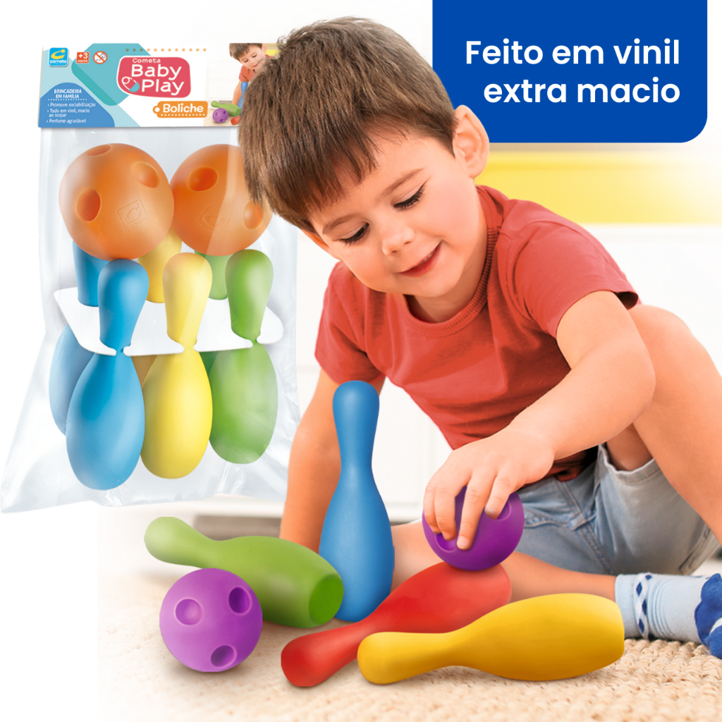 Jogo Boliche de Borracha Infantil Vinil Macio com 6 Pinos e 2 Bolas Para Bebê Cometa Baby Play