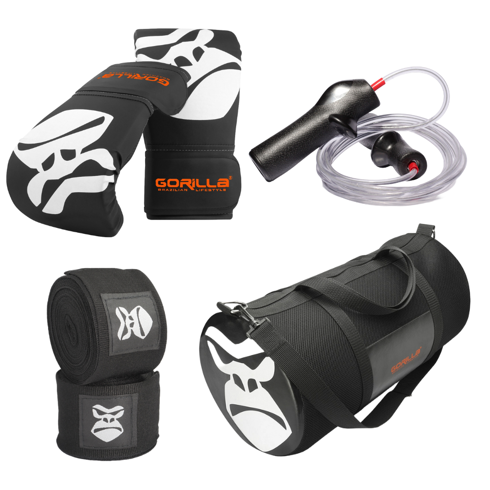 Bolsa Transversal  De Ombro+Corda De Pular P Emagrecer+Atadura Esportiva 3 M+Luva Bate Saco Gorilla