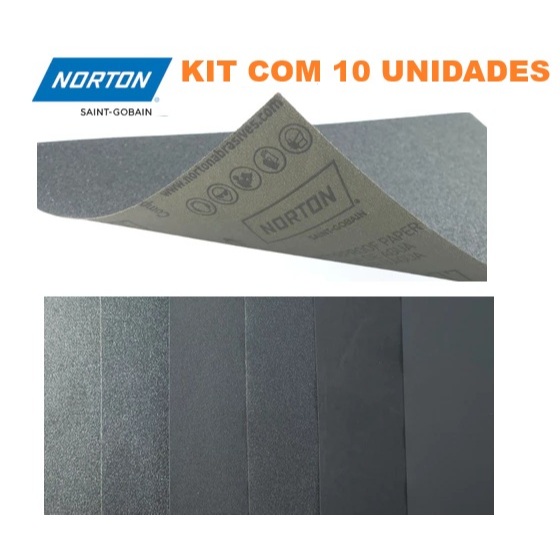 Kit 10 Folhas De Lixa D'água NORTON Vários Grãos Carbureto De Silício 80, 100, 120, 220, 240, 280, 320, 400