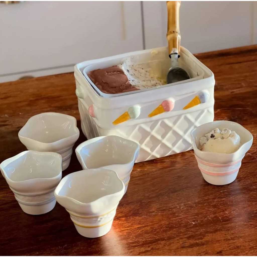 Conjunto Pote de Sorvete + 6 Bowls de Cerâmica