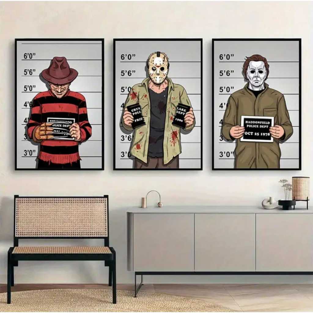 Quadro Decorativo Trio 3 Peças Clássicos Hallowen Sexta feira 13 Hora do pesadelo Ícones Filme TV Terror 120x60