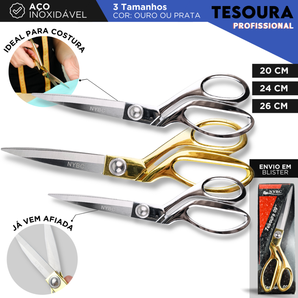 Tesoura Dourada de Uso Profissional para Costureira - Tapeceiro Forjada Alfaiate - Mazzal