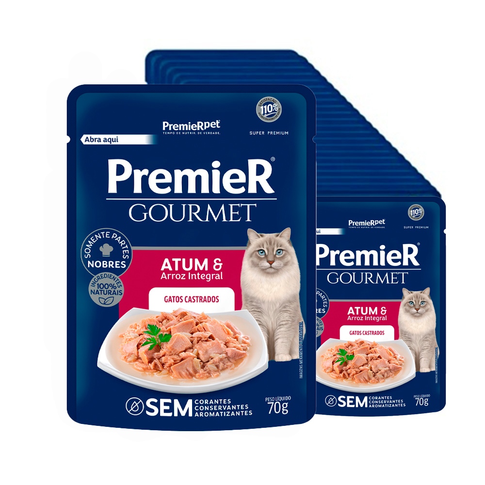 Kit 20un. Ração Úmida Premier Gourmet Gatos Castrados Atum e Arroz Integral 70g em Oferta na Shopee