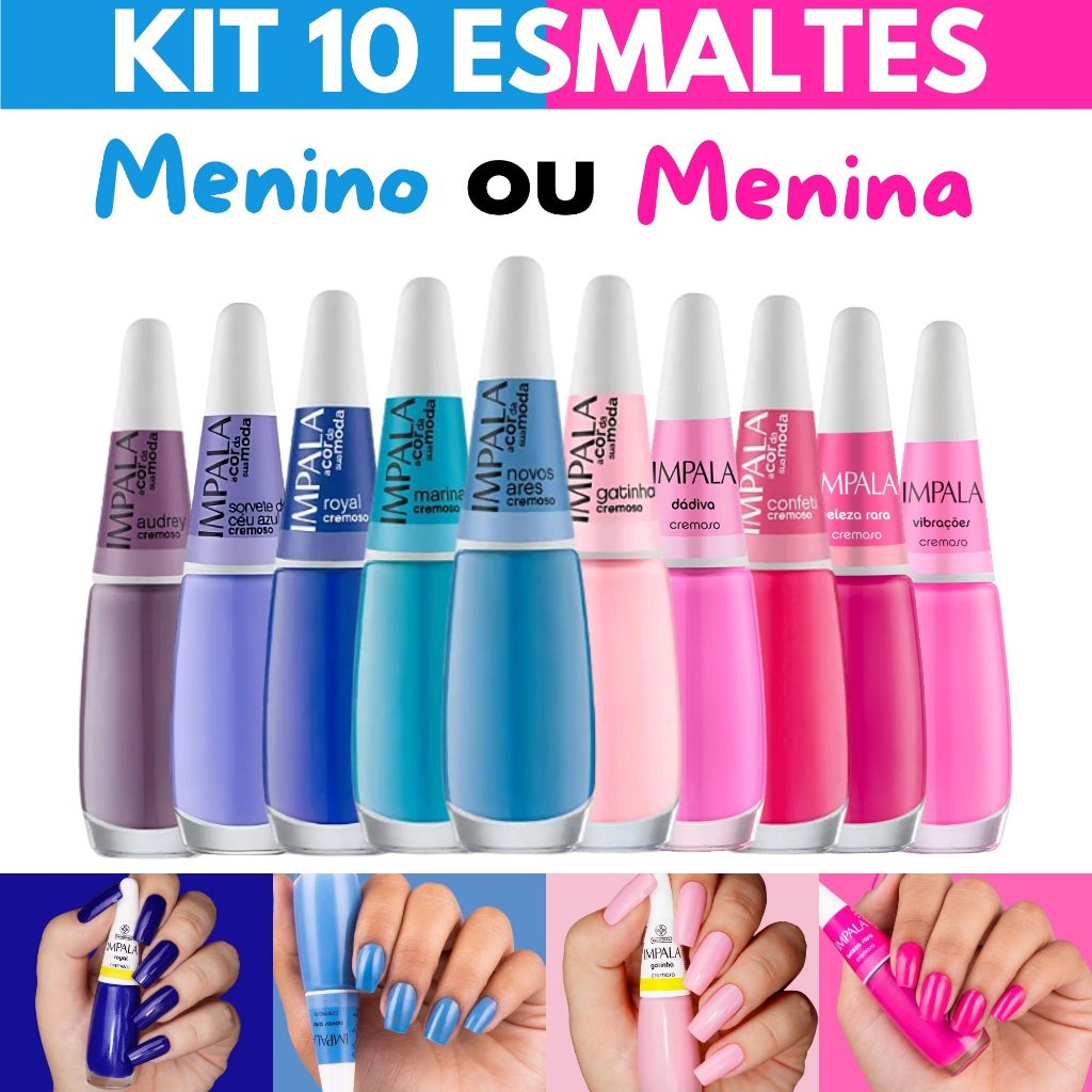 Kit 10 Esmaltes Impala Tons Azul Rosa Cremoso Esmalte Chá Revelação
