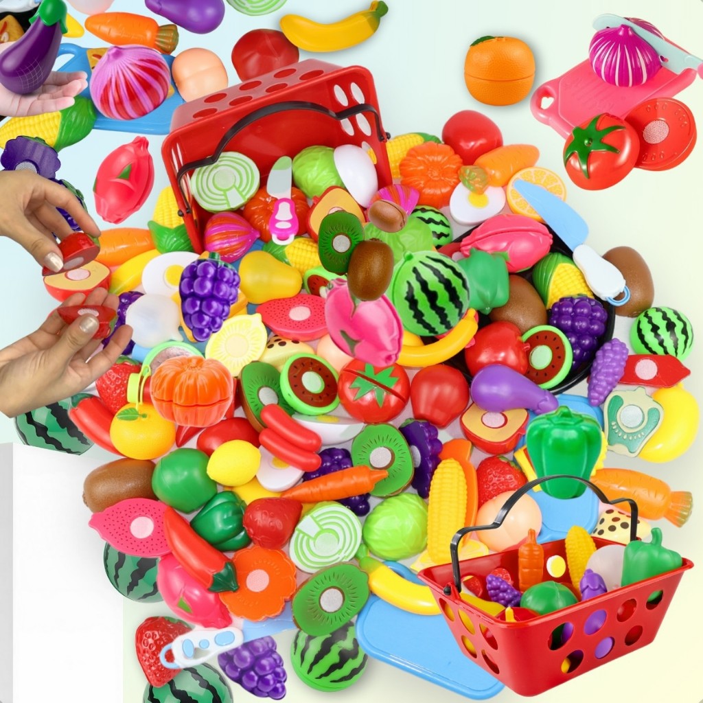 Kit Cozinha Brinquedo Infantil Completo Frutinhas Legumes de Velkro Cortar Faca Crec Crec Utensílios