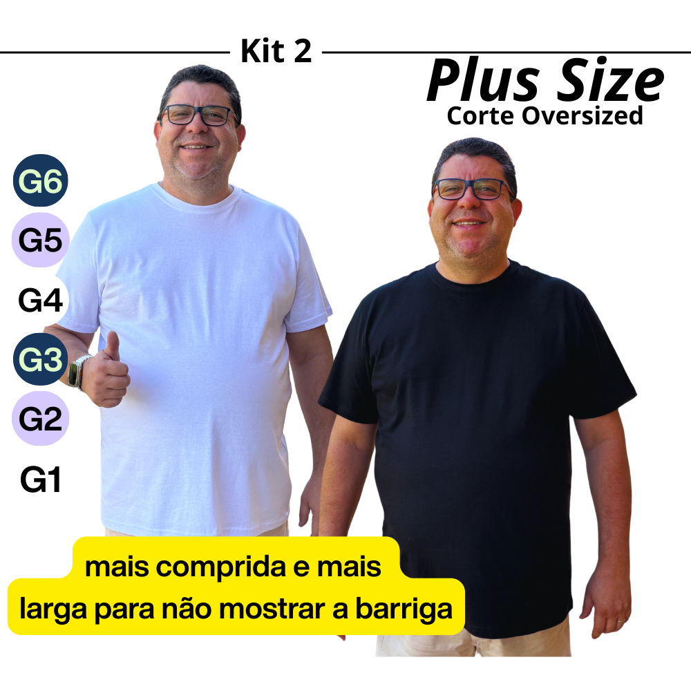 Camiseta Masculina 100% Algodão Básica Plus Size Kit 2 Peças Malha 30.1 Oversized G1 G2 G3 G4 G5 G6