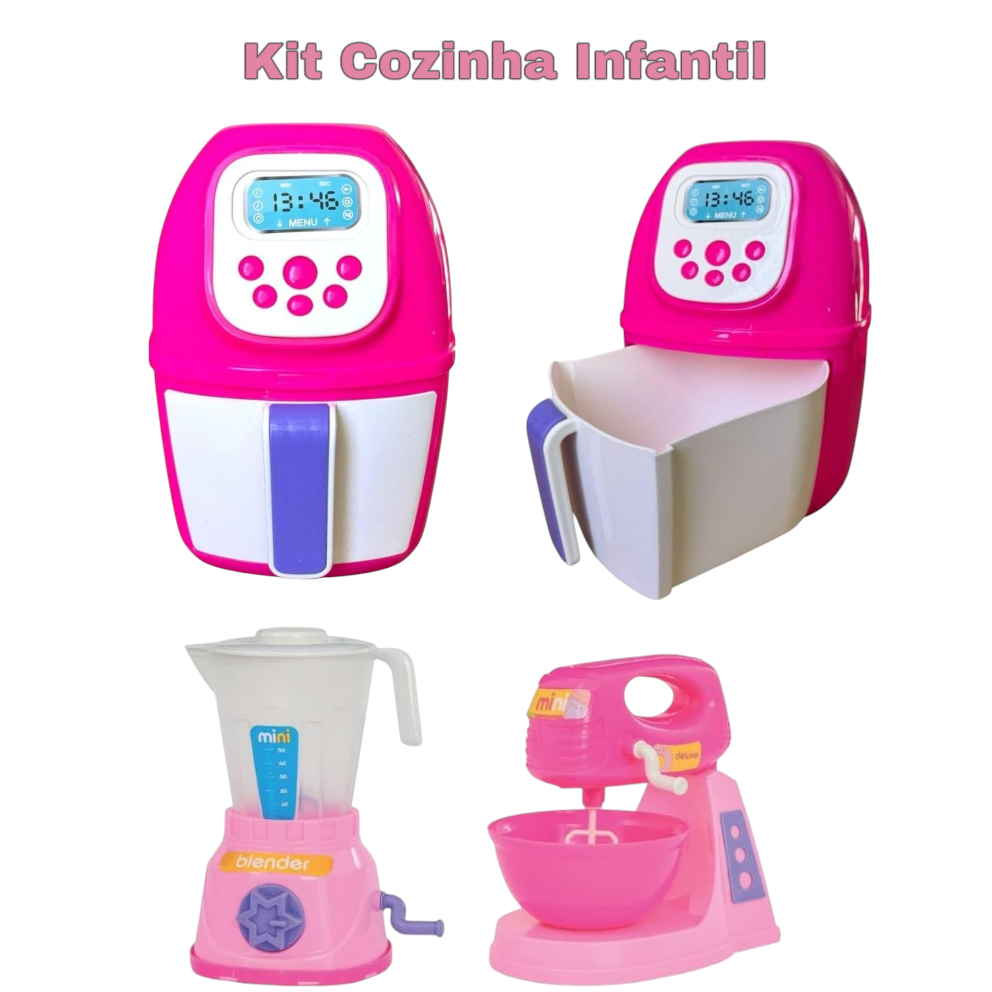 kit Cozinha Infantil Air Fryer de Brinquedo Com Bandeja Removívele Liquidificador e Batedeira